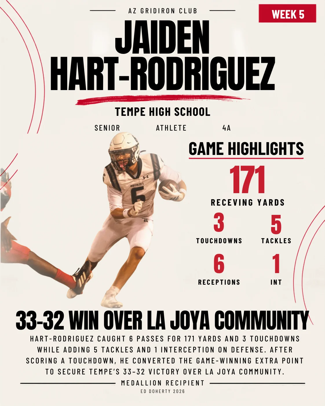 Jaiden Hart-Rodriguez 2026 Ed Doherty Award Week 5 medallion recipient — 171 receiving yards, 3 touchdowns, 33-32 win over La Joya Community